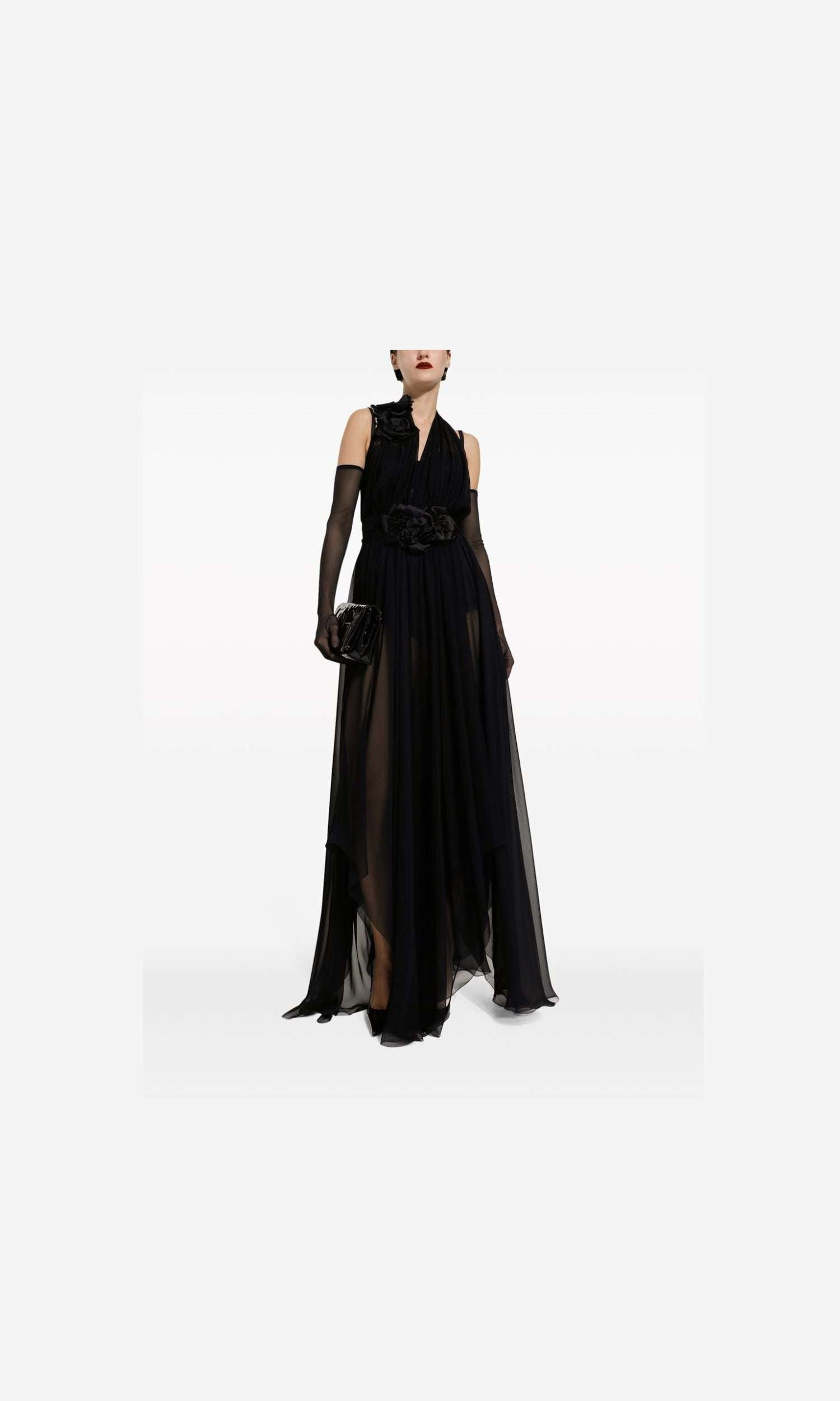 Dolce & Gabbana Silk Long Chiffon Dress with Floral Appliqué Glam Steals