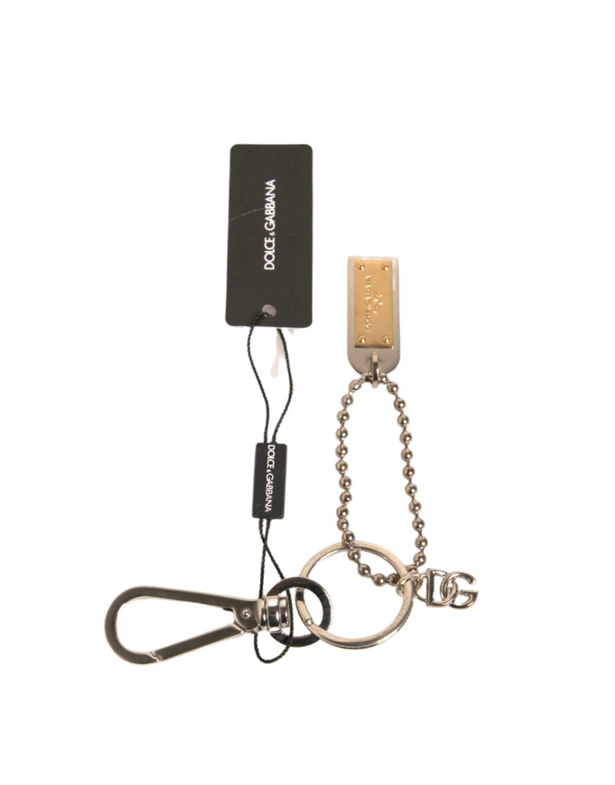 Dolce & Gabbana Silver Brass Chain Beaded Logo Plaque Keychain Keyring Glam Steals