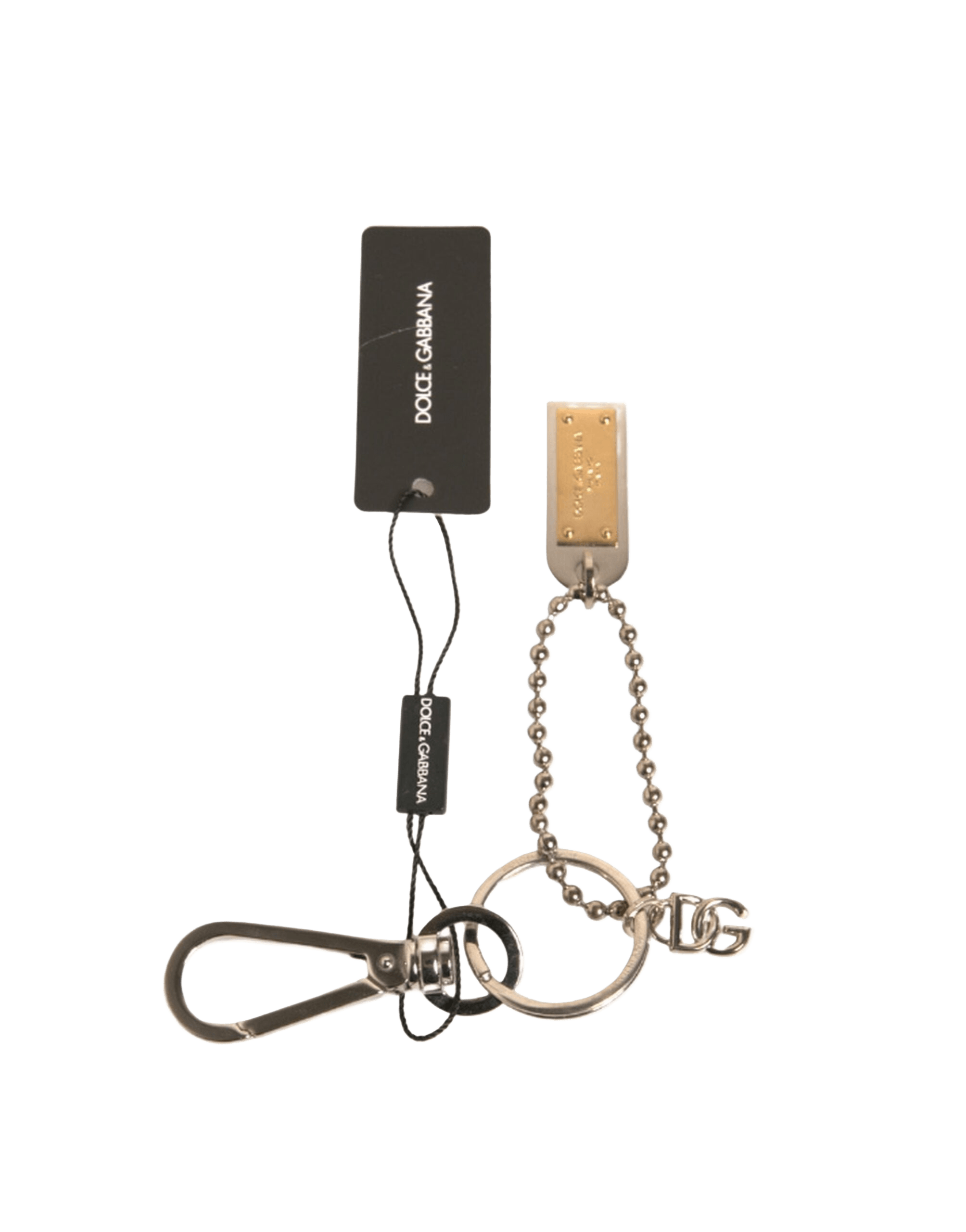 Dolce & Gabbana Silver Brass Chain Beaded Logo Plaque Keychain Keyring Glam Steals