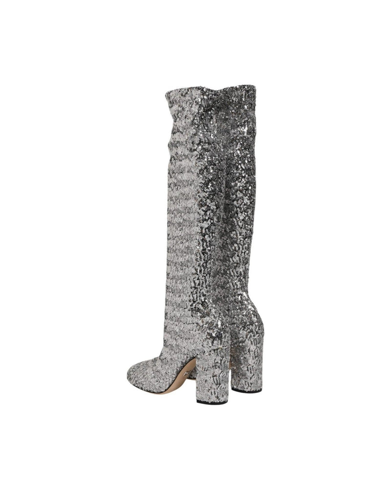 Dolce & Gabbana Silver Shoes Sequins Glitter High Heel Boot Glam Steals