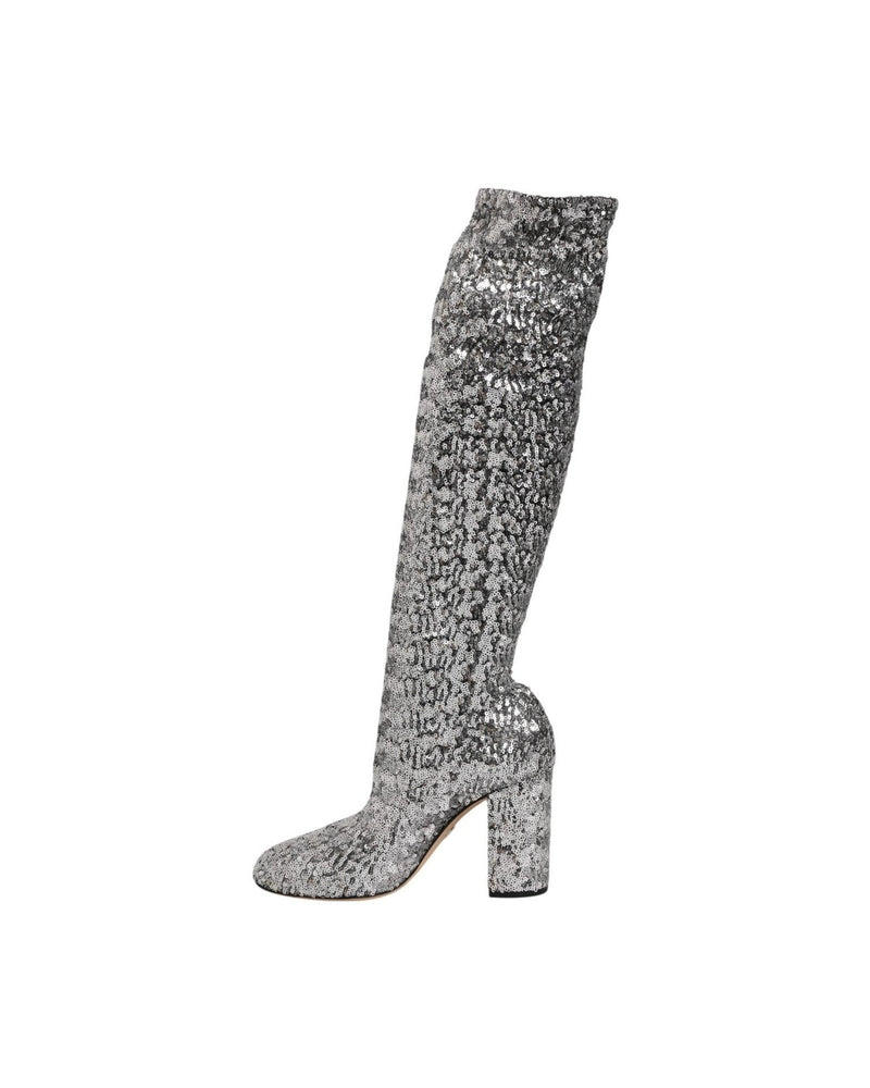 Dolce & Gabbana Silver Shoes Sequins Glitter High Heel Boot Glam Steals