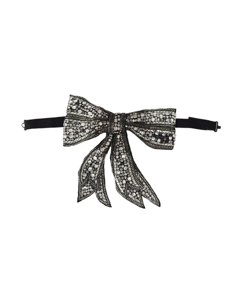 Dolce & Gabbana Silver Silk Crystal Embellished Bowtie Elegance Glam Steals