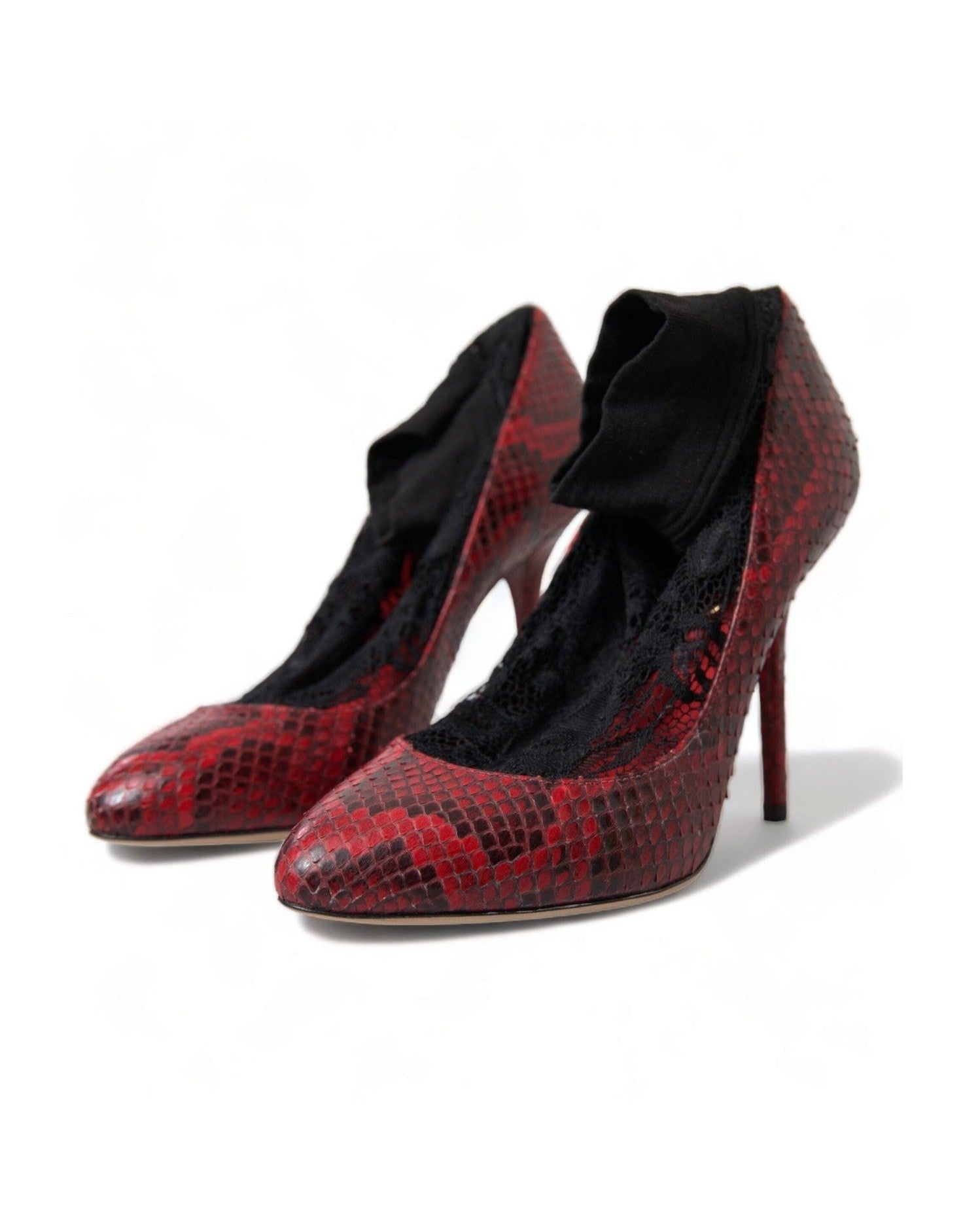 Dolce & Gabbana Snakeskin Almond Toe Pumps With Red Lace Socks Heels