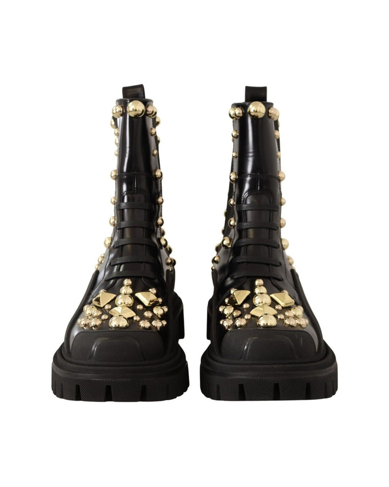 Dolce & Gabbana Studded Leather Combat Boots With Embroidery Glam Steals