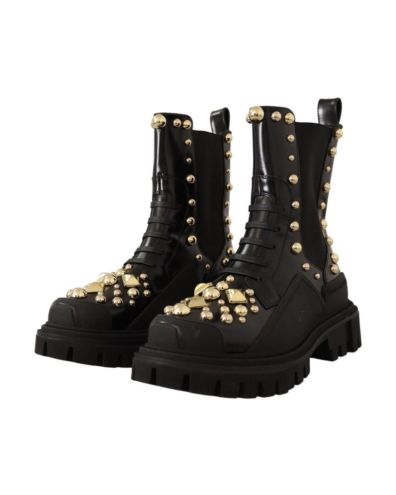 Dolce & Gabbana Studded Leather Combat Boots With Embroidery Glam Steals