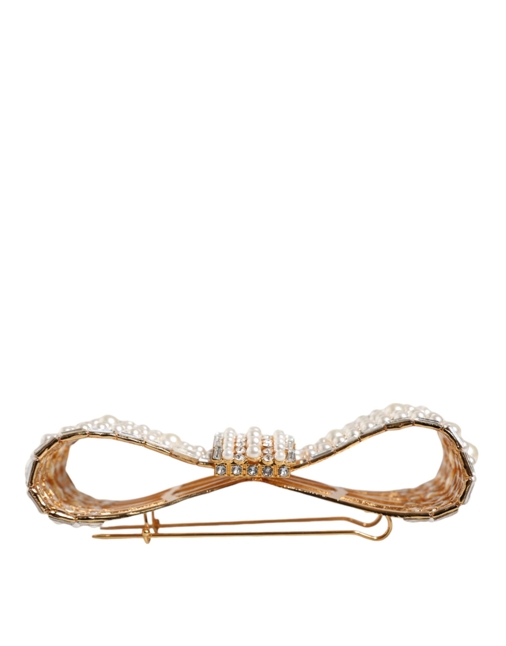 Dolce & Gabbana Tone Brass Bow Crystal Fauxpearl Embellished Gold Brooch Glam Steals