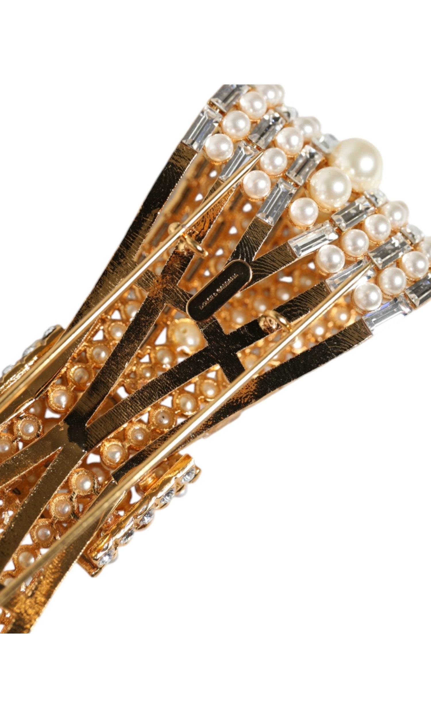 Dolce & Gabbana Tone Brass Bow Crystal Fauxpearl Embellished Gold Brooch Glam Steals