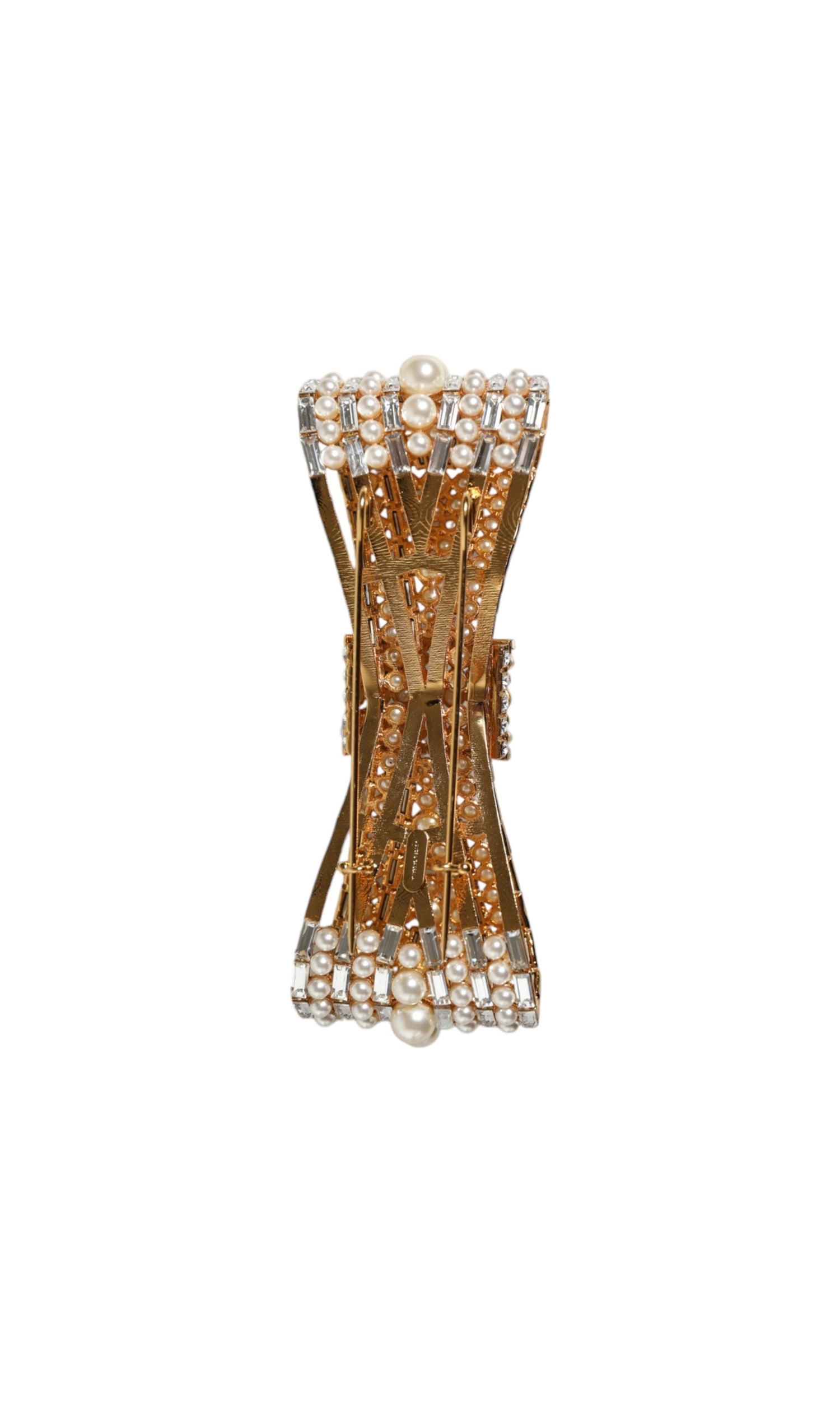 Dolce & Gabbana Tone Brass Bow Crystal Fauxpearl Embellished Gold Brooch Glam Steals