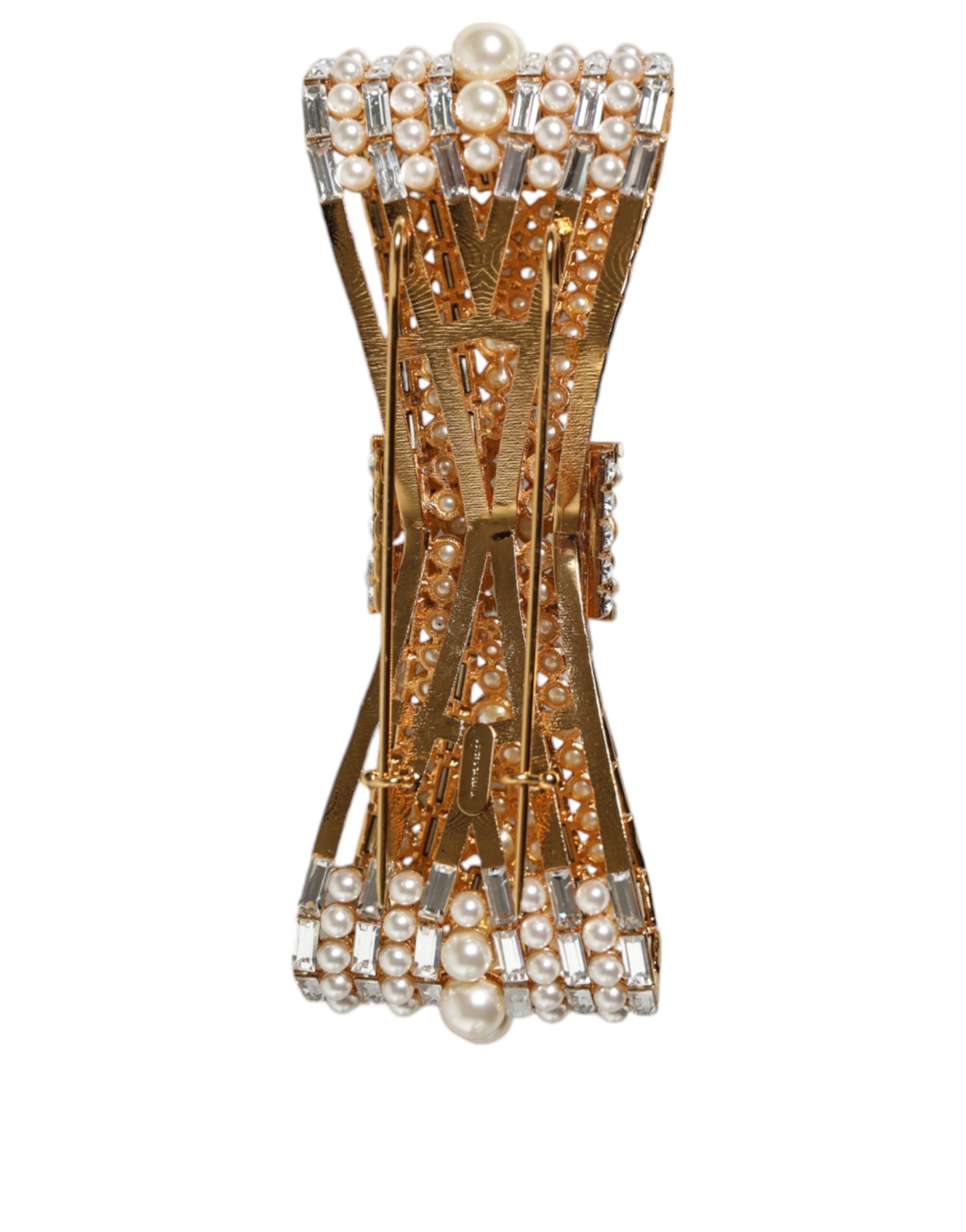 Dolce & Gabbana Tone Brass Bow Crystal Fauxpearl Embellished Gold Brooch Glam Steals