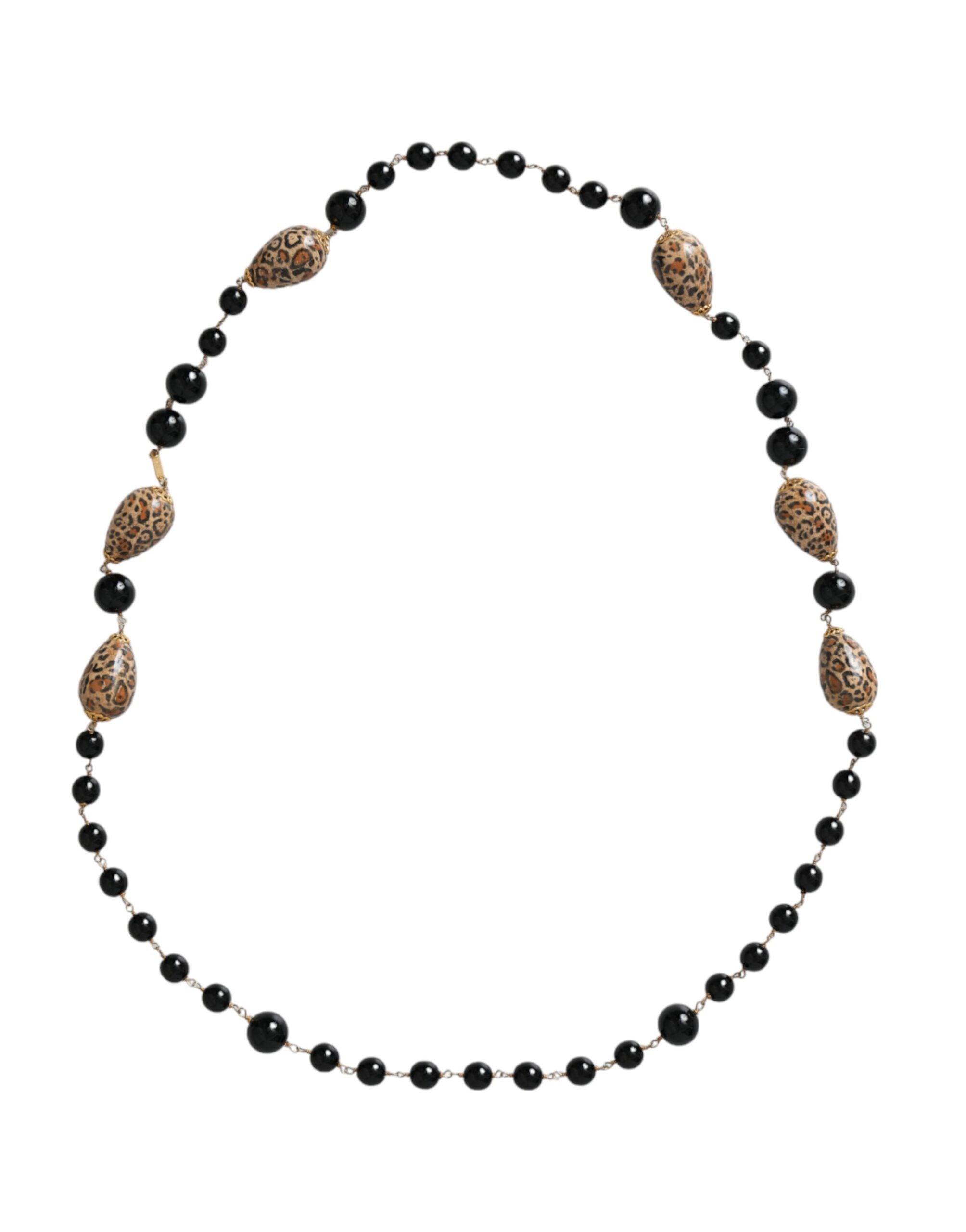 Dolce & Gabbana Tone Brass Printed Beaded Long Chain Gold Black Necklace Glam Steals