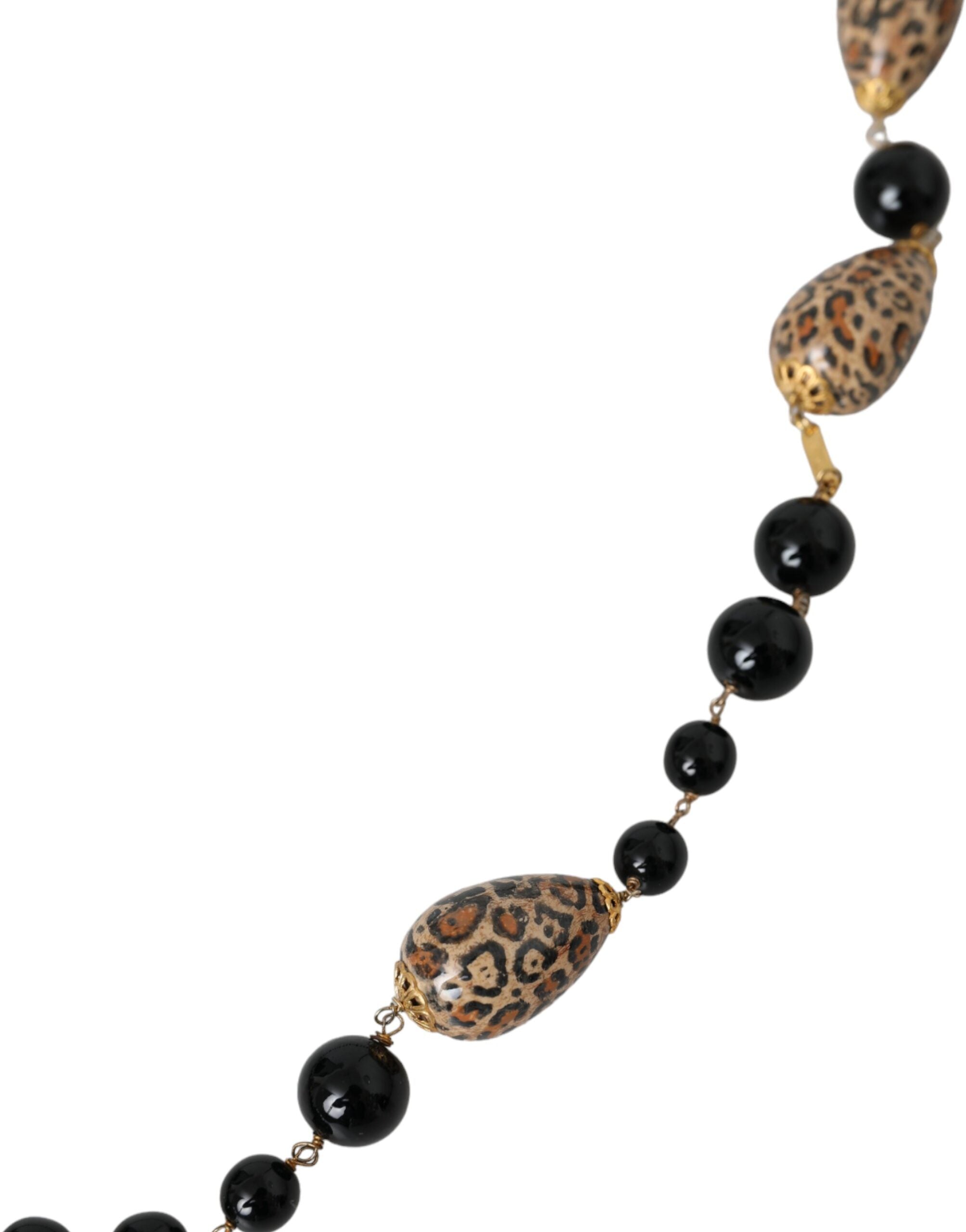 Dolce & Gabbana Tone Brass Printed Beaded Long Chain Gold Black Necklace Glam Steals