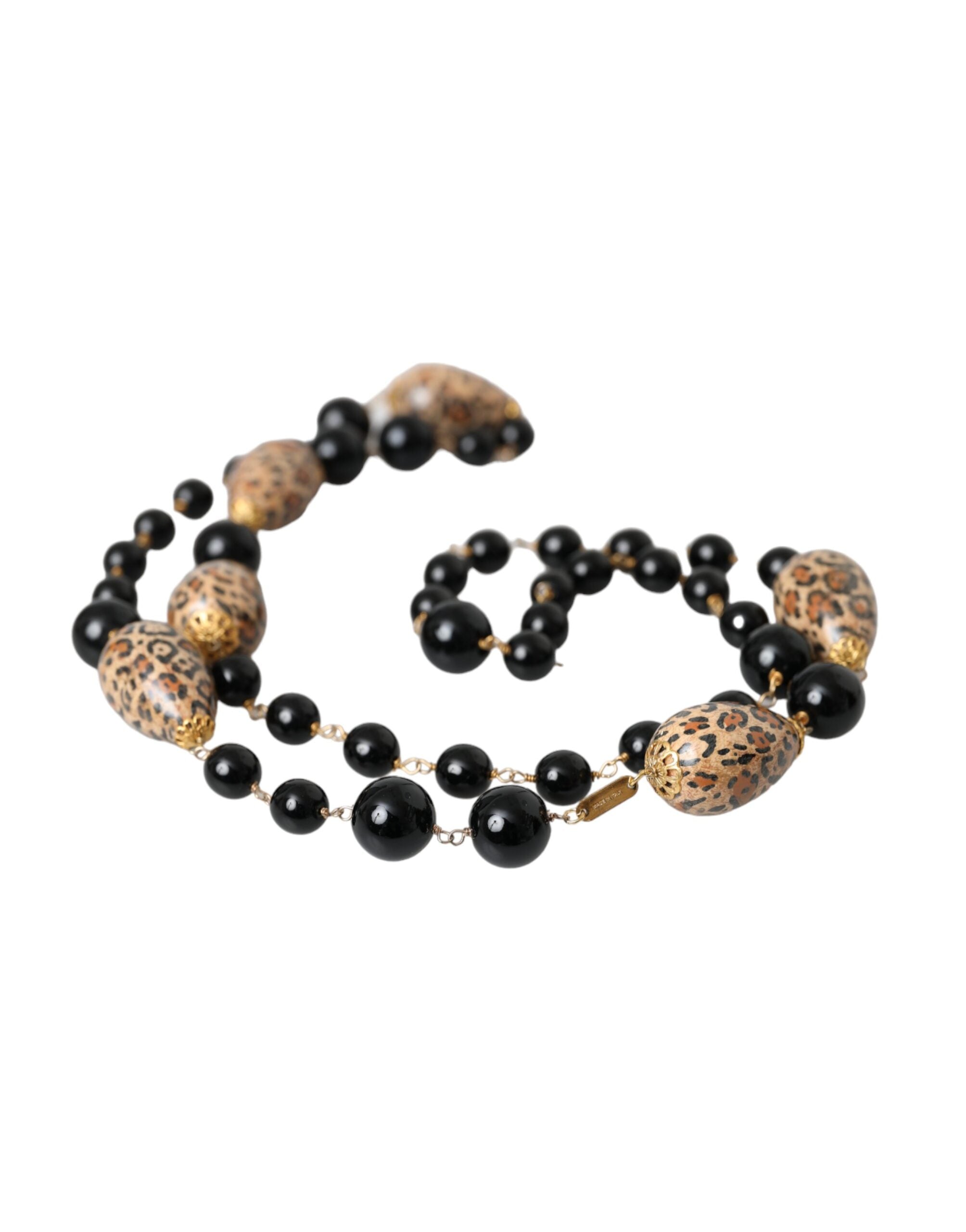 Dolce & Gabbana Tone Brass Printed Beaded Long Chain Gold Black Necklace Glam Steals