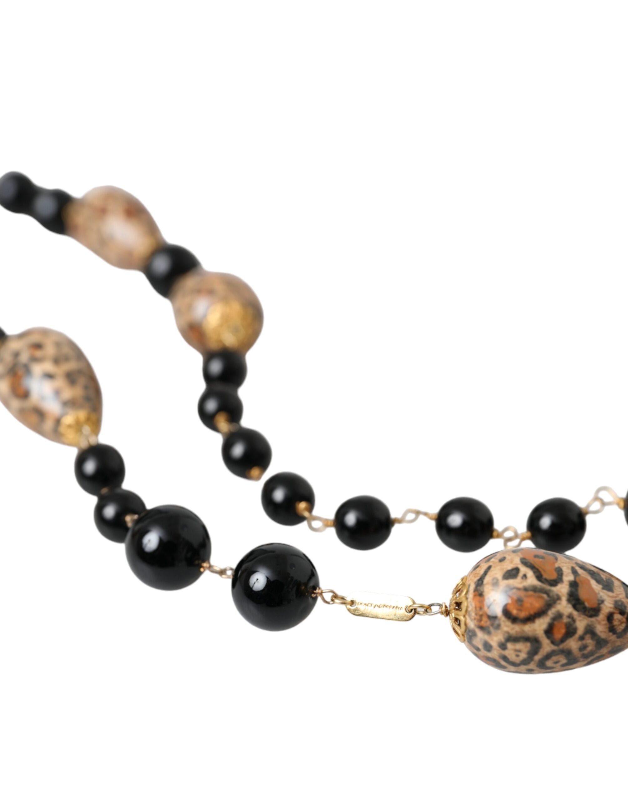 Dolce & Gabbana Tone Brass Printed Beaded Long Chain Gold Black Necklace Glam Steals
