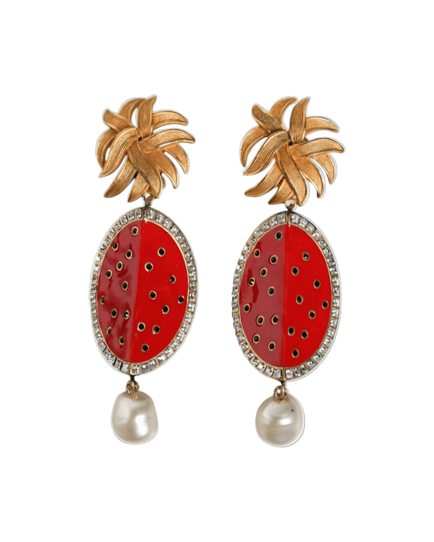Dolce & Gabbana Watermelon Brass Crystal Clip Dangling Red Gold Earrings Glam Steals