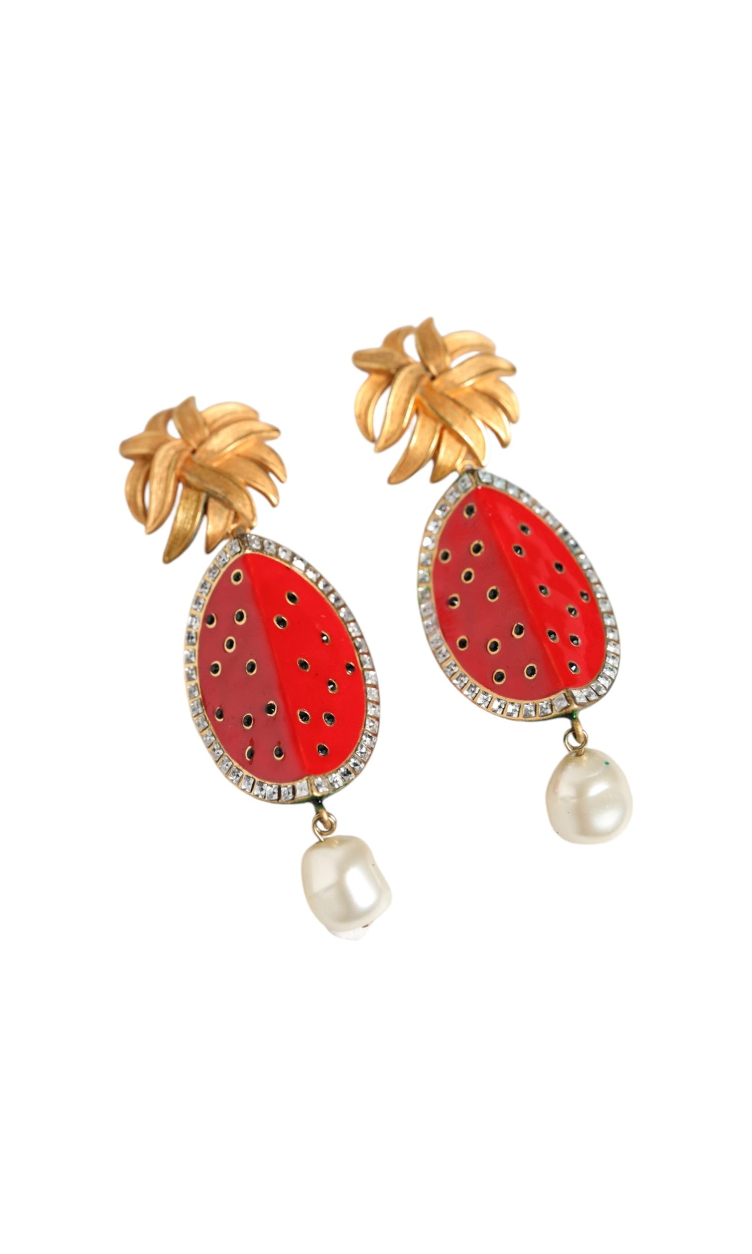 Dolce & Gabbana Watermelon Brass Crystal Clip Dangling Red Gold Earrings Glam Steals