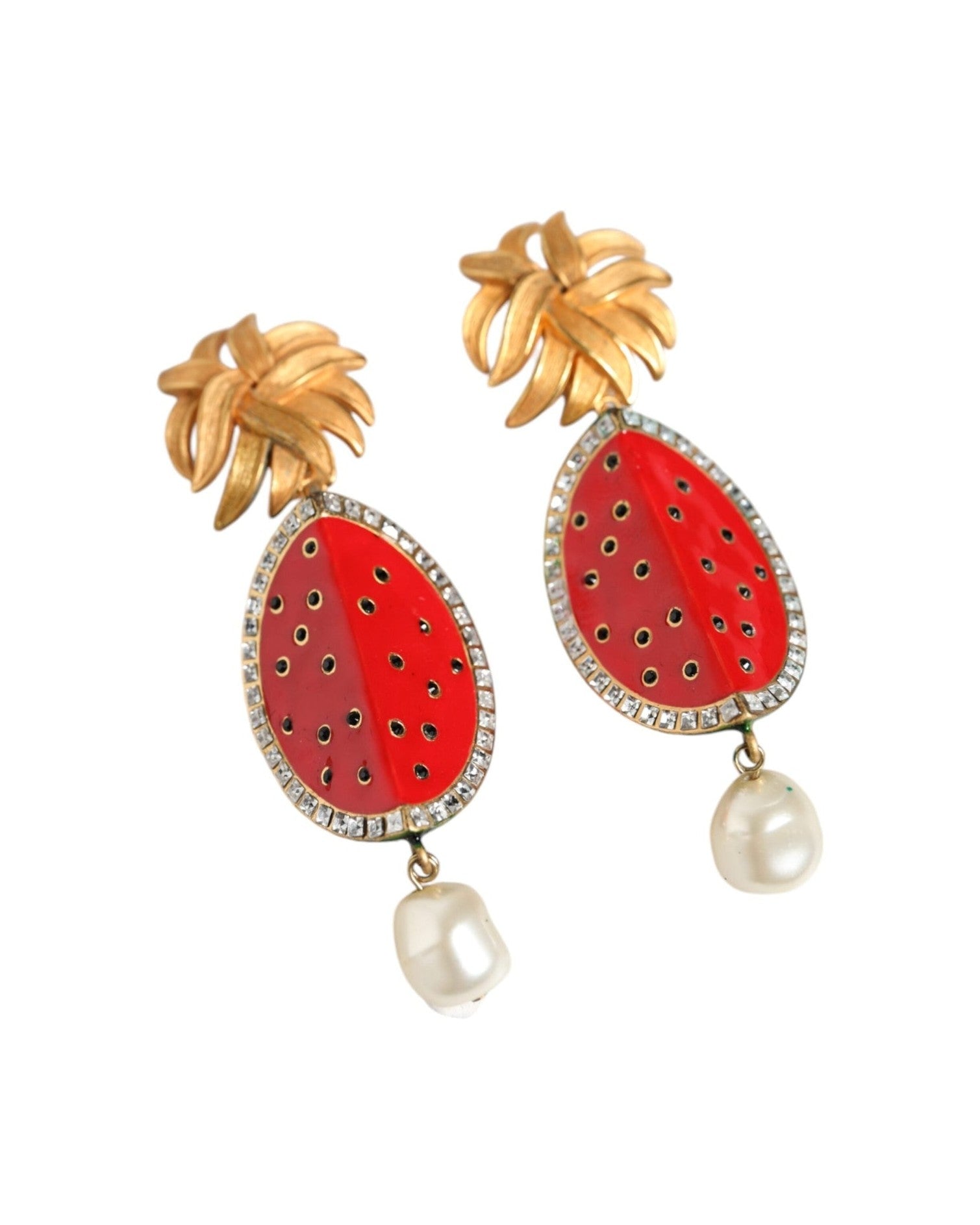 Dolce & Gabbana Watermelon Brass Crystal Clip Dangling Red Gold Earrings Glam Steals