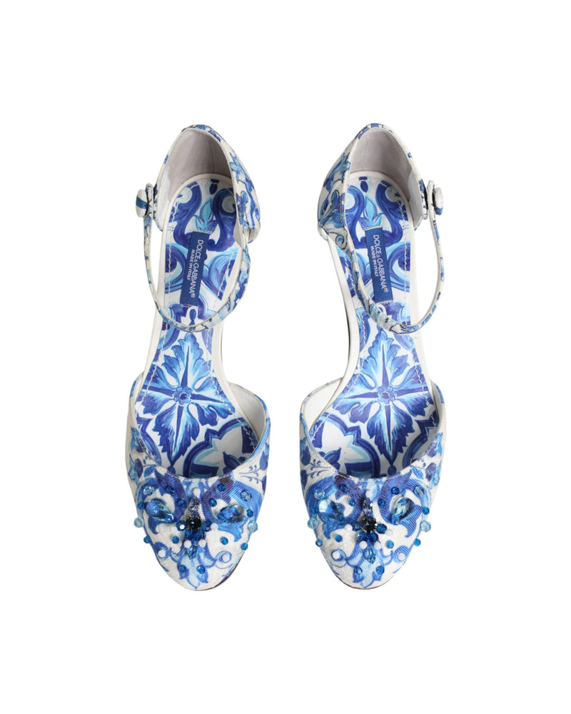 Dolce & Gabbana White Blue Floral Crystal Ankle Straps Shoes Glam Steals