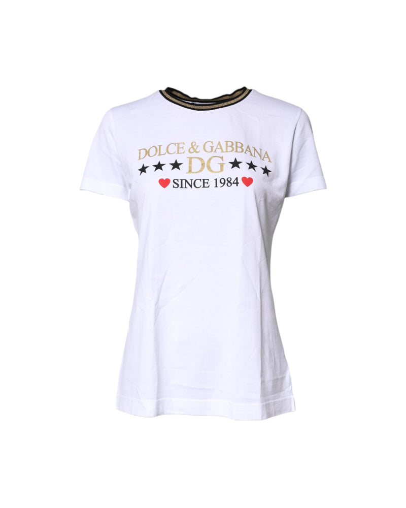 Dolce & Gabbana White Cotton Printed Round Neck Top T-shirt Glam Steals