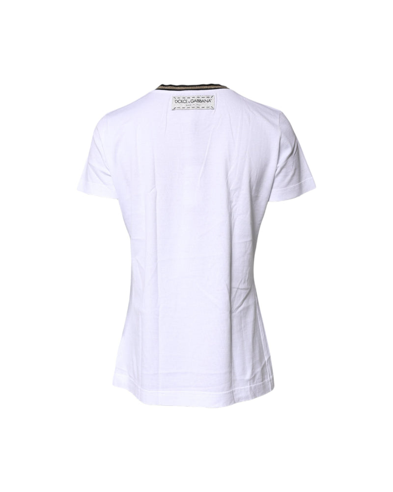 Dolce & Gabbana White Cotton Printed Round Neck Top T-shirt Glam Steals