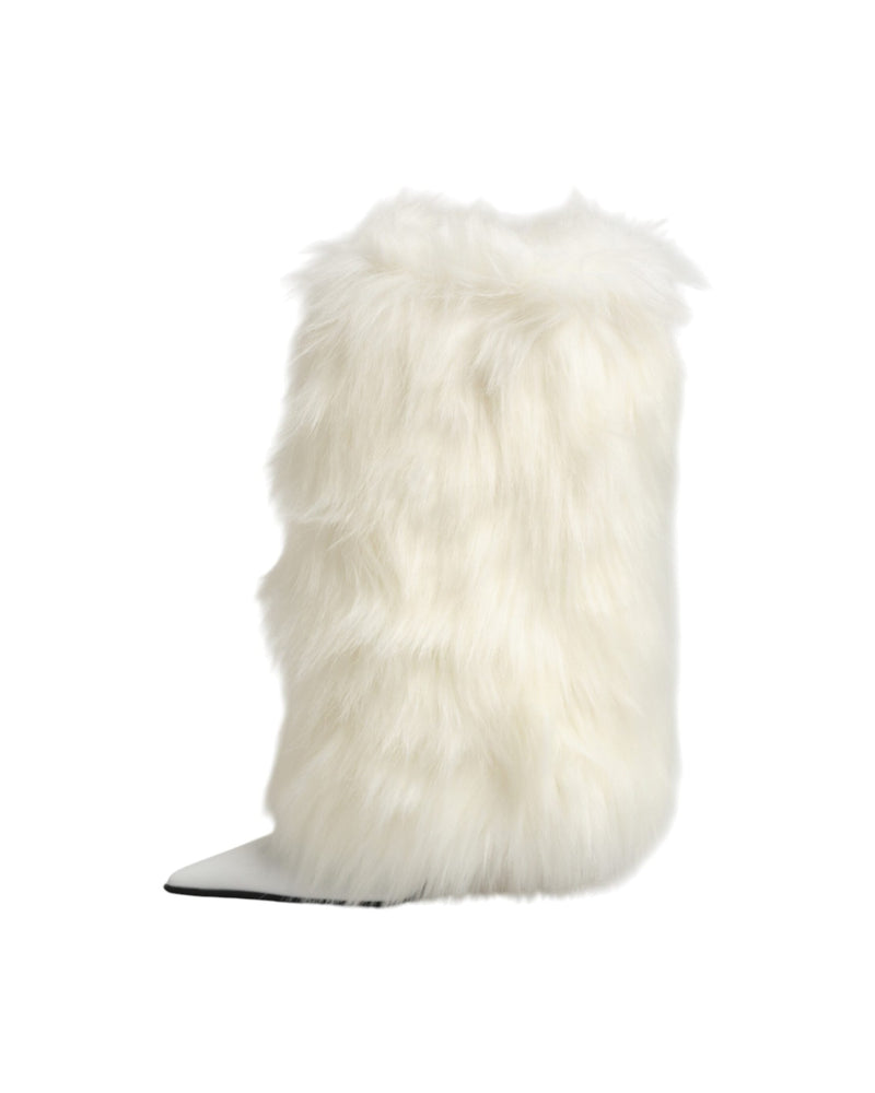 Dolce & Gabbana White Fur Pointed Knee High Stiletto Boots Shoes Glam Steals