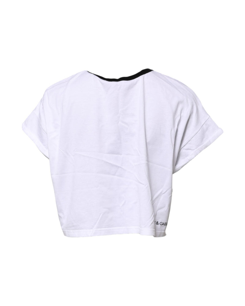 Dolce & Gabbana White Graphic Print Crew Neck Cropped T-shirt Glam Steals