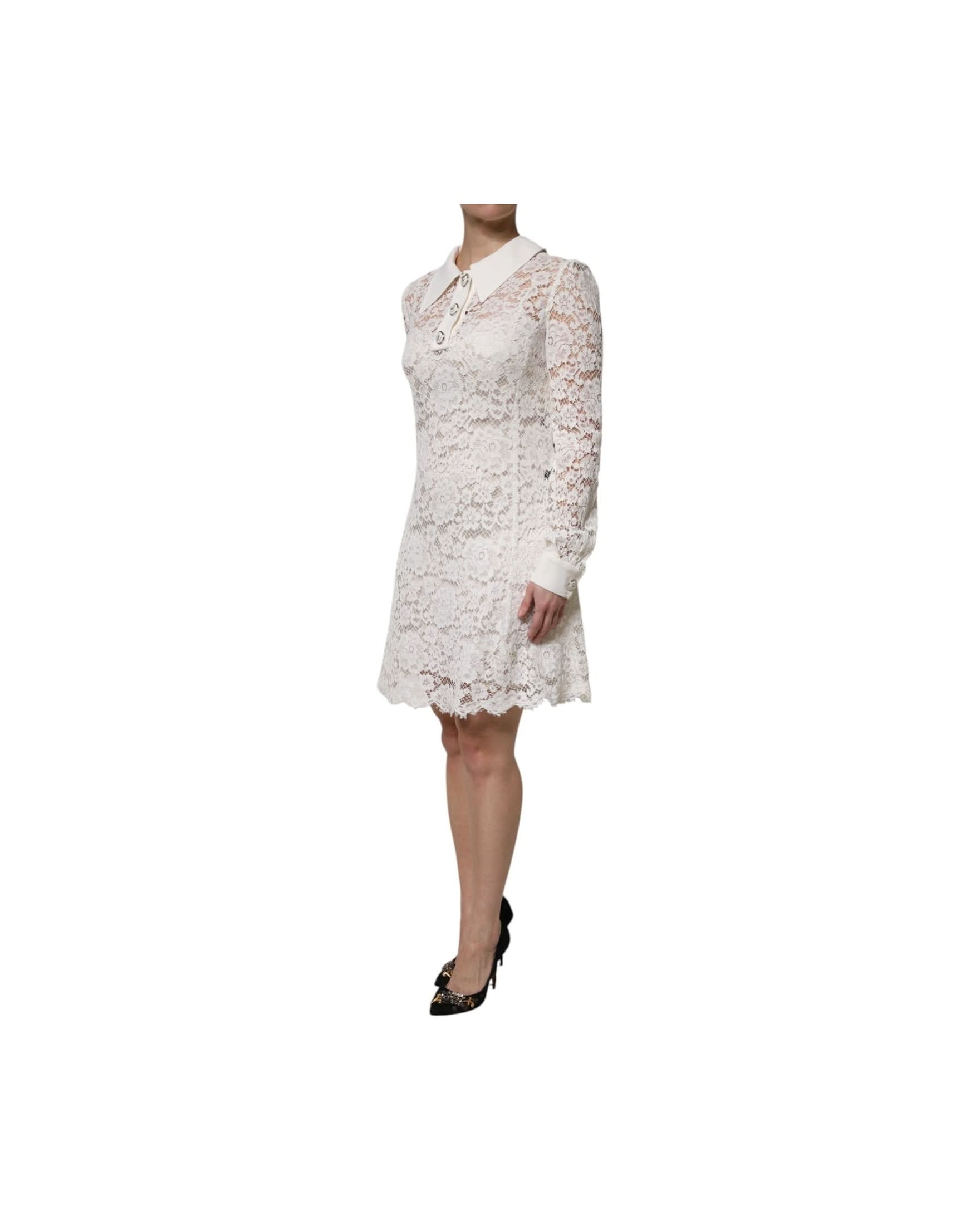 Dolce & Gabbana White Lace Floral Viscose Collared Mini Dress 