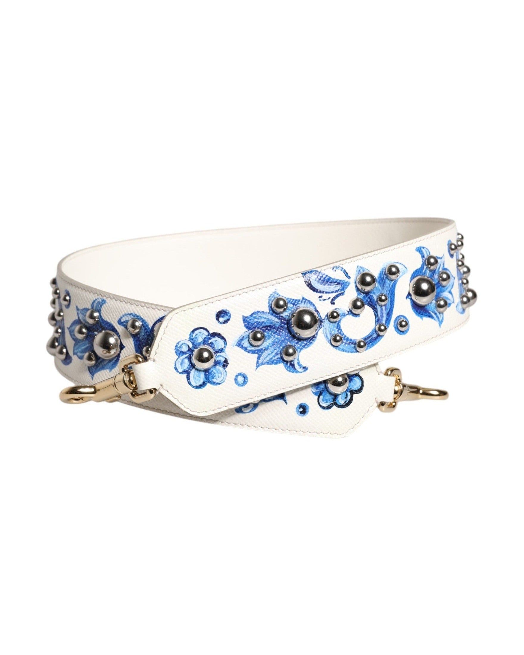 Dolce & Gabbana White Leather Blue Floral Stud Shoulder Strap Glam Steals