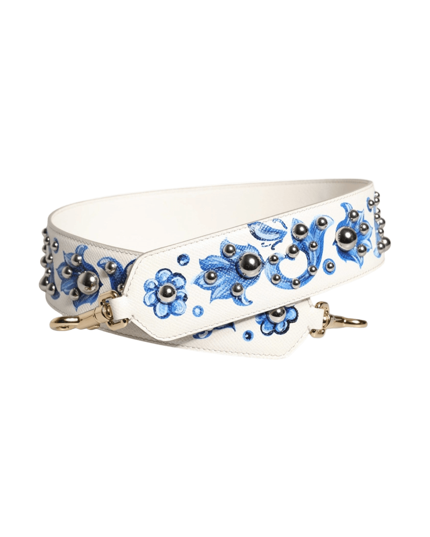Dolce & Gabbana White Leather Blue Floral Stud Shoulder Strap Glam Steals