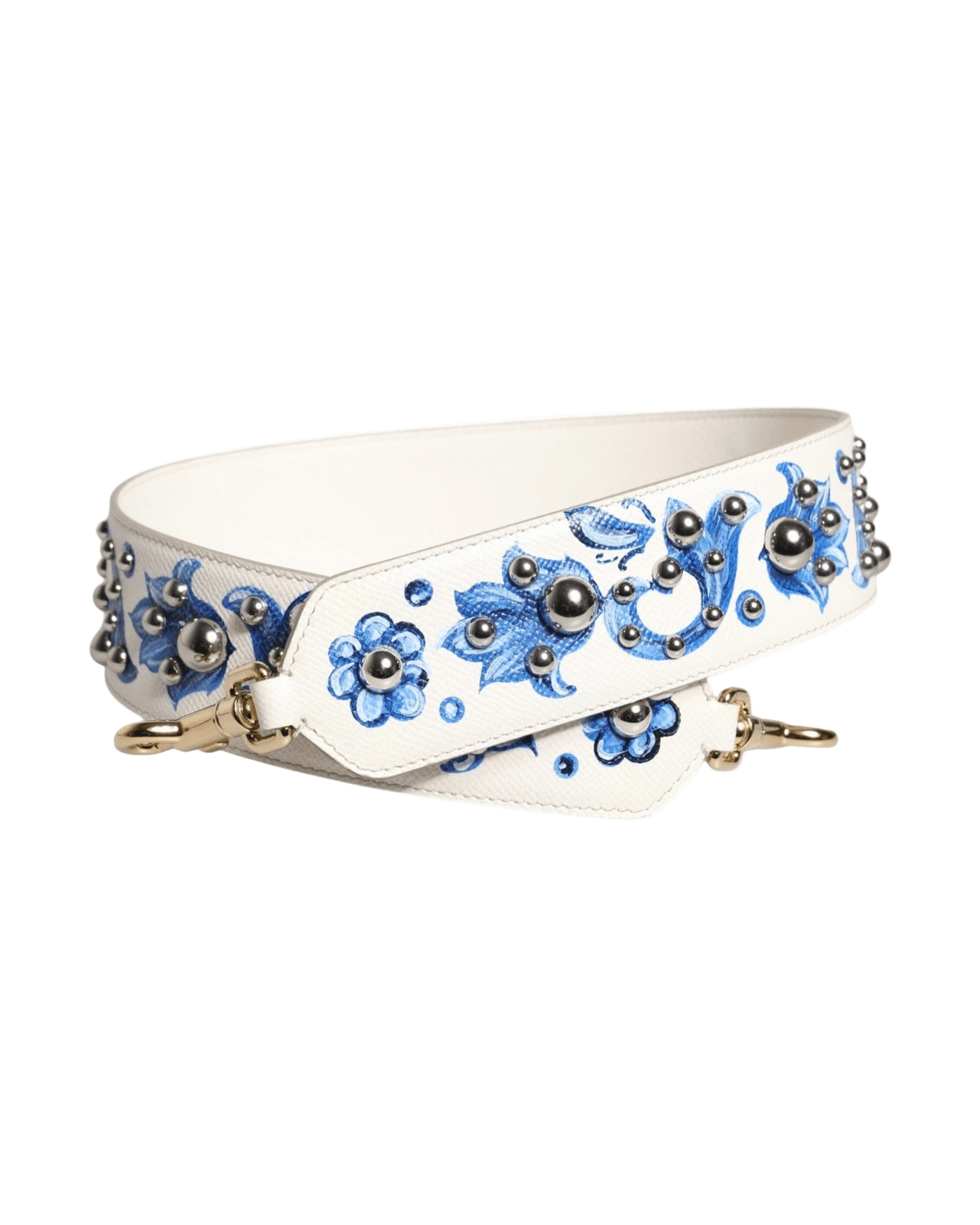 Dolce & Gabbana White Leather Blue Floral Stud Shoulder Strap Glam Steals
