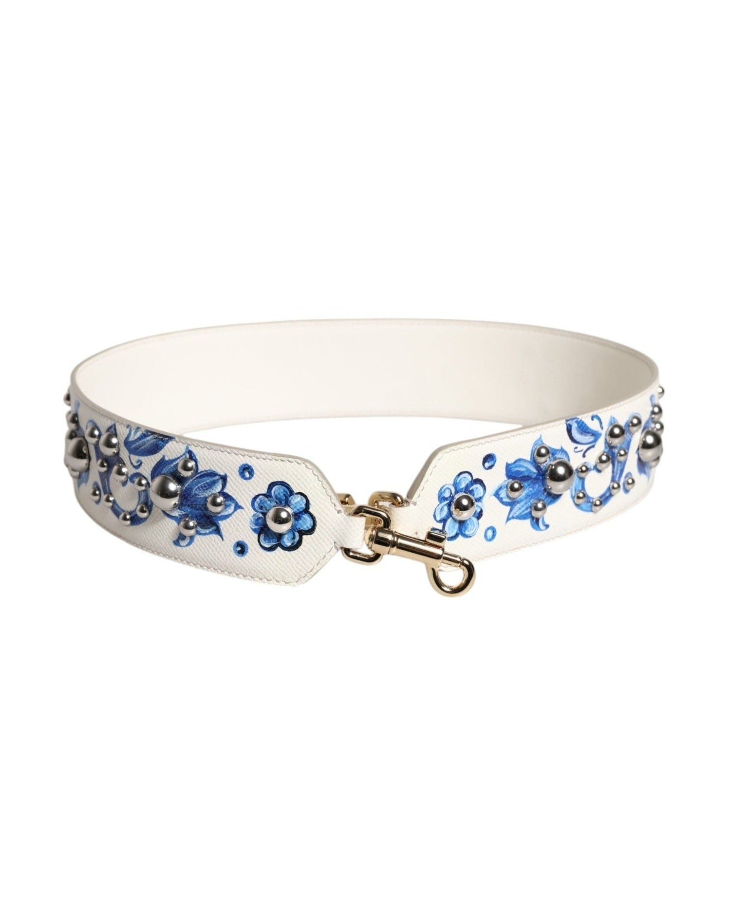Dolce & Gabbana White Leather Blue Floral Stud Shoulder Strap Glam Steals