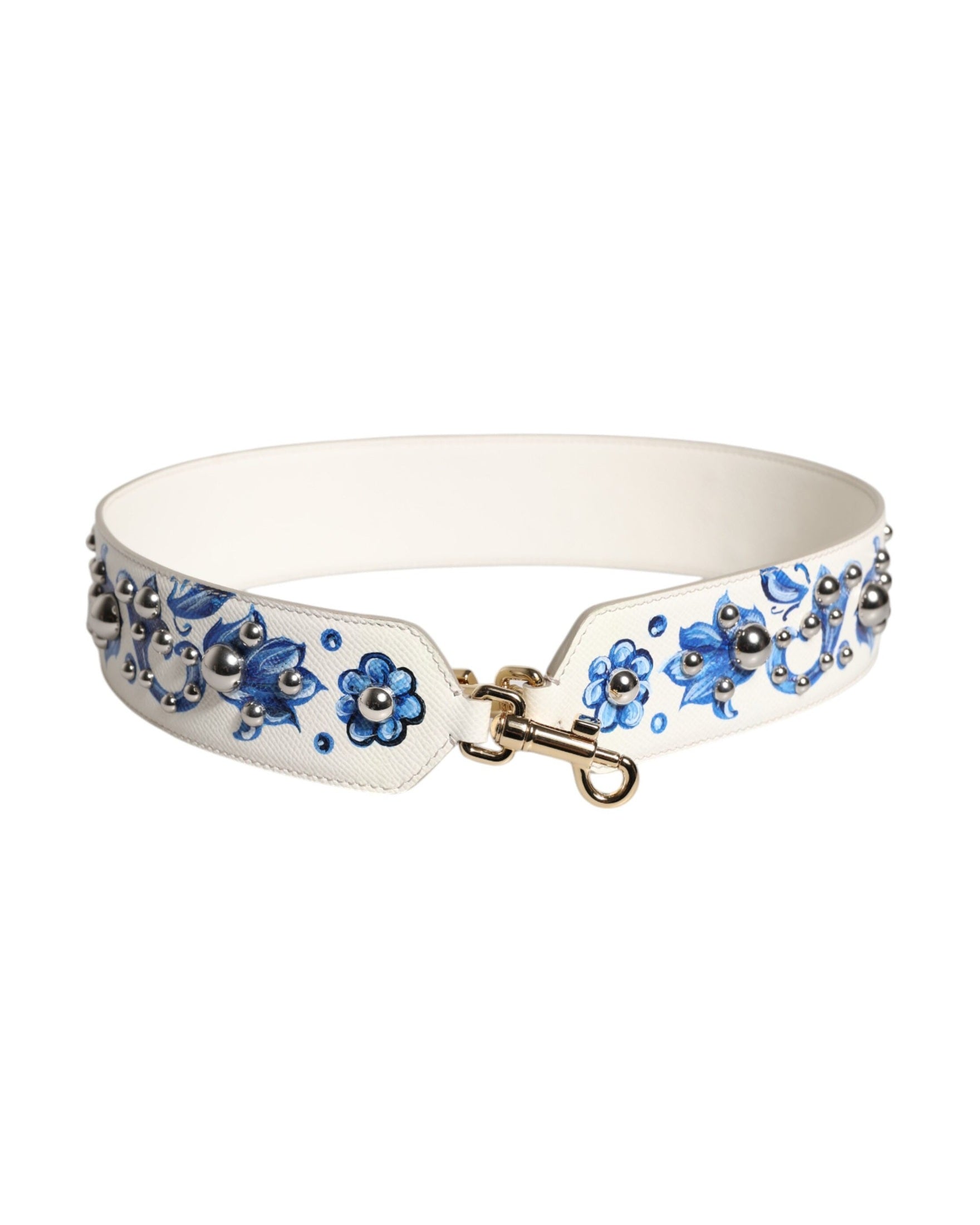 Dolce & Gabbana White Leather Blue Floral Stud Shoulder Strap Glam Steals