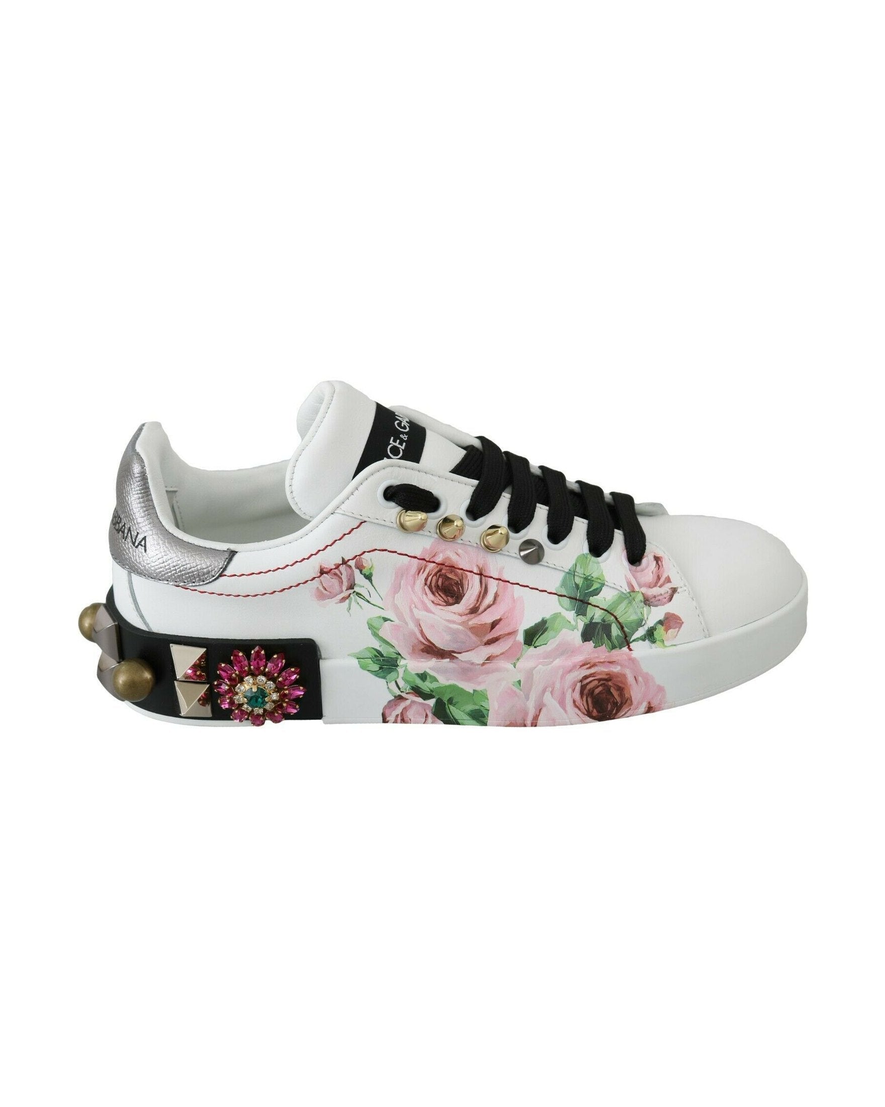 Dolce & Gabbana White Leather Crystal Roses Floral Sneakers Shoes Sneakers