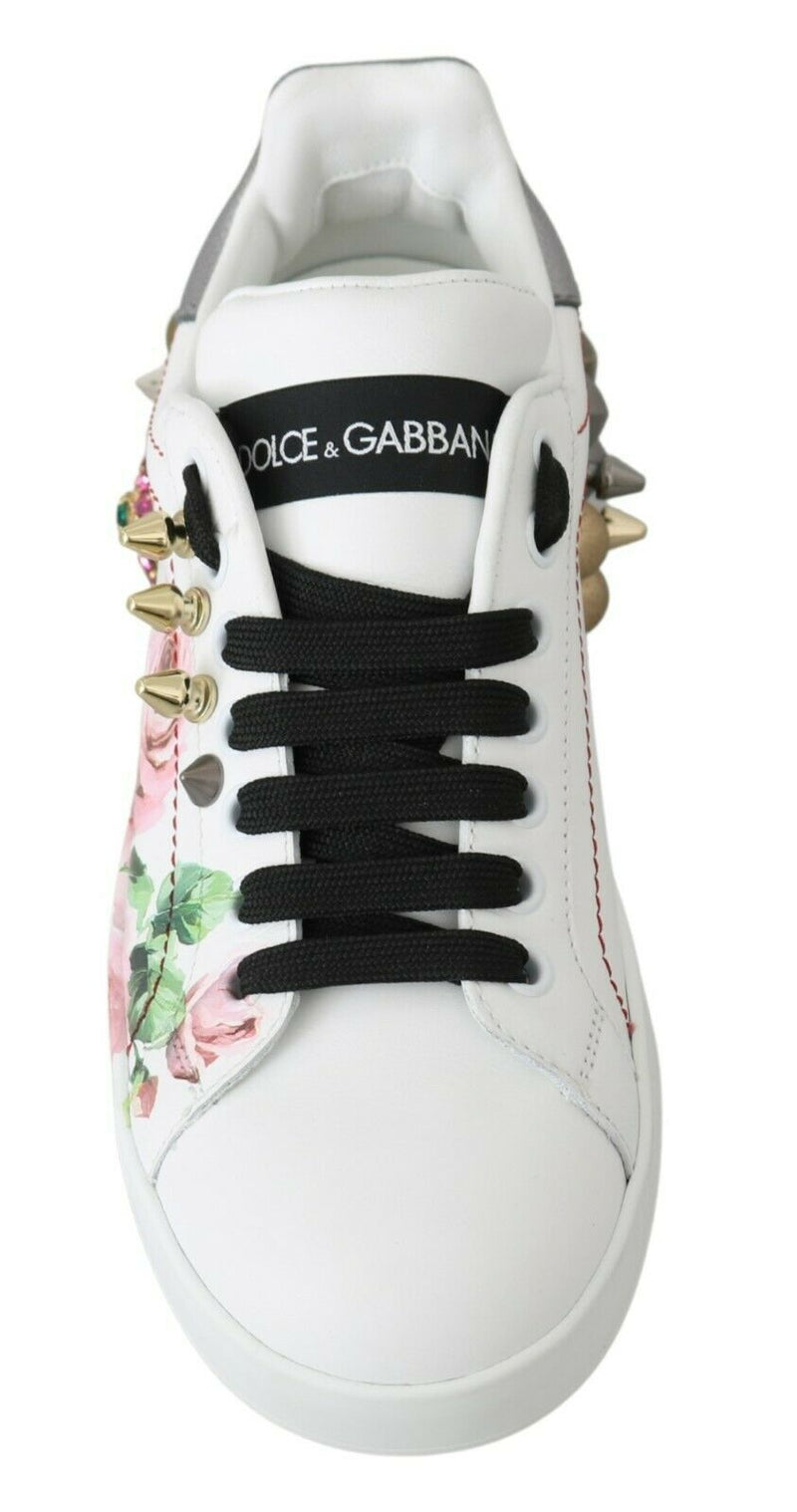 Dolce & Gabbana White Leather Crystal Roses Floral Sneakers Shoes Glam Steals