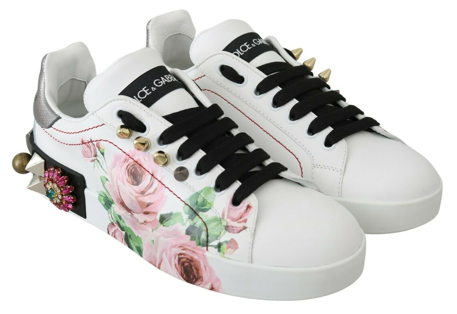 Dolce & Gabbana White Leather Crystal Roses Floral Sneakers Shoes Sneakers