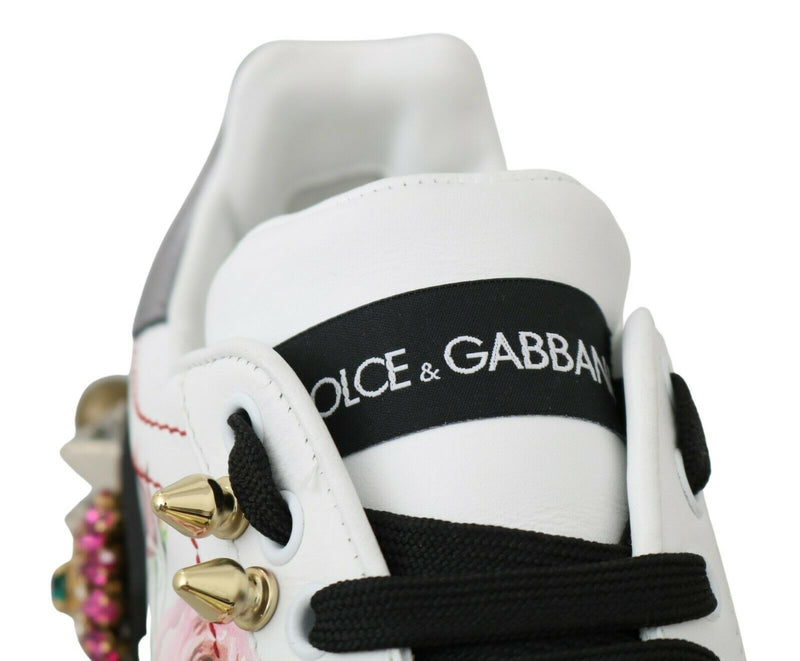 Dolce & Gabbana White Leather Crystal Roses Floral Sneakers Shoes Glam Steals