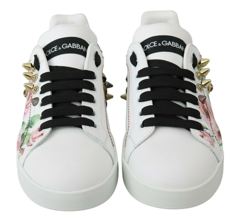 Dolce & Gabbana White Leather Crystal Roses Floral Sneakers Shoes Glam Steals