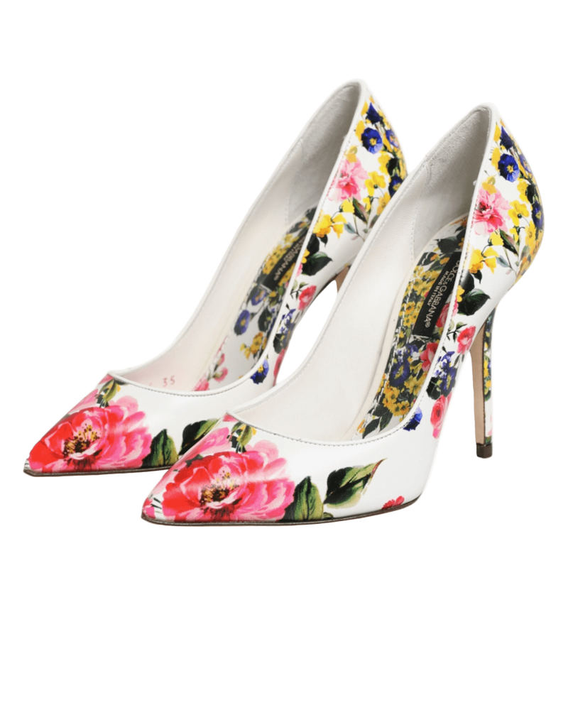 Dolce & Gabbana White Leather Floral High Heels Pumps Shoes Glam Steals