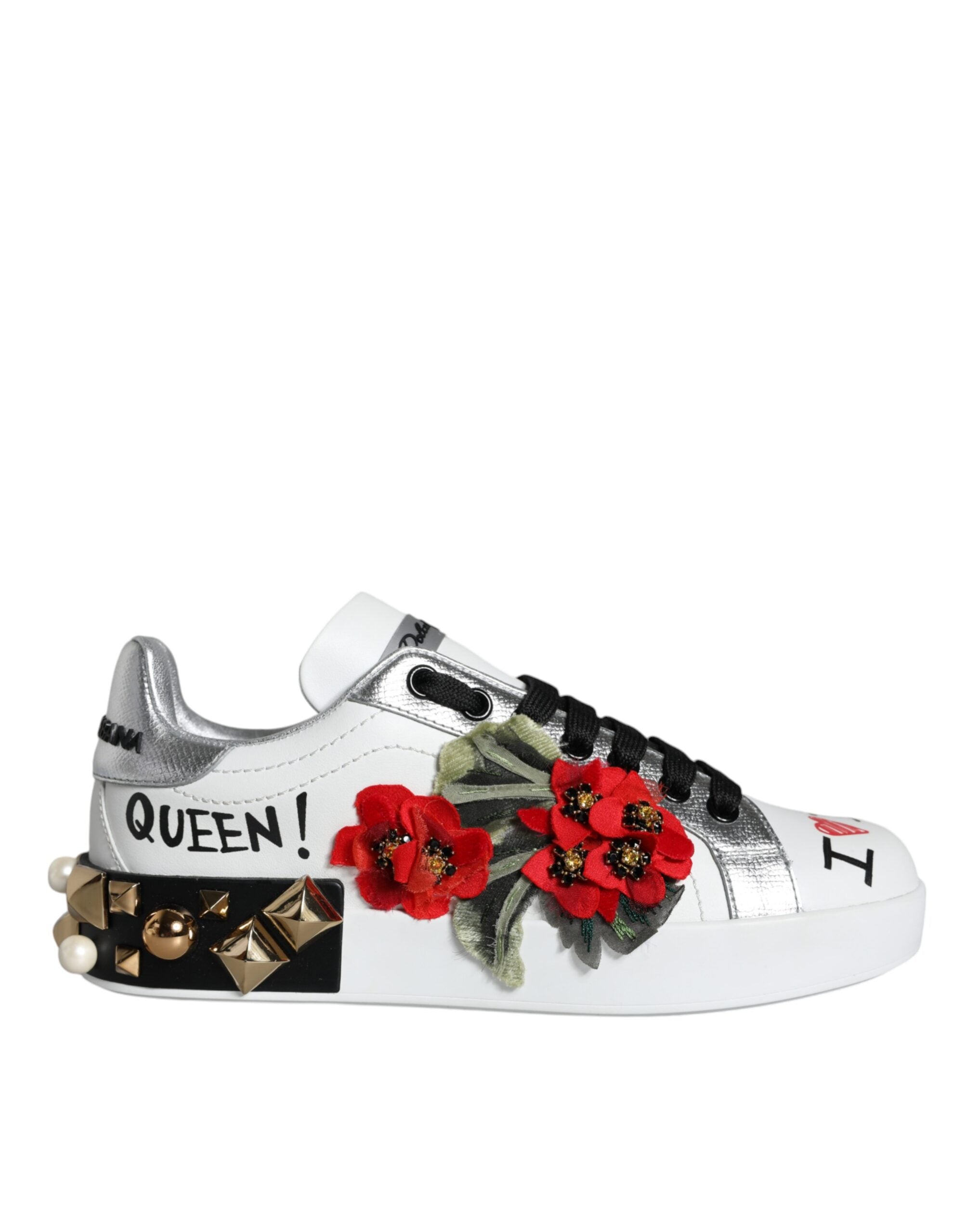 Dolce & Gabbana White Leather Floral Studded Sneakers Shoes Glam Steals
