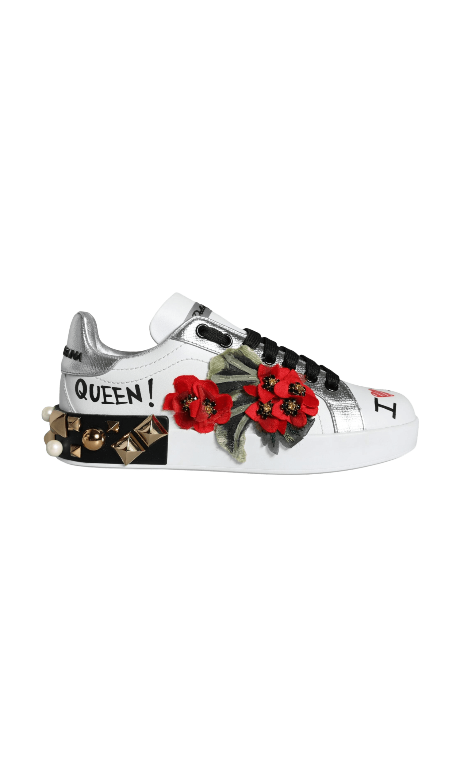 Dolce & Gabbana White Leather Floral Studded Sneakers Shoes Glam Steals