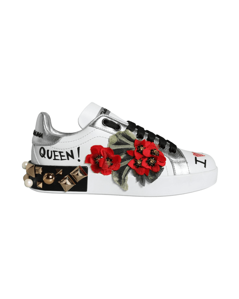 Dolce & White Gabbana Leather Floral Studded Sneakers Shoes Glam Steals