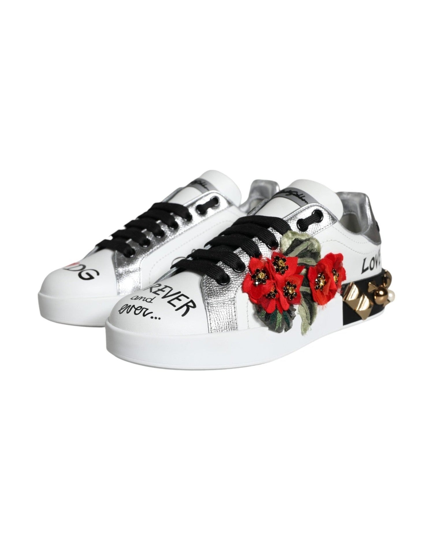 Dolce & Gabbana White Leather Floral Studded Sneakers Shoes Glam Steals