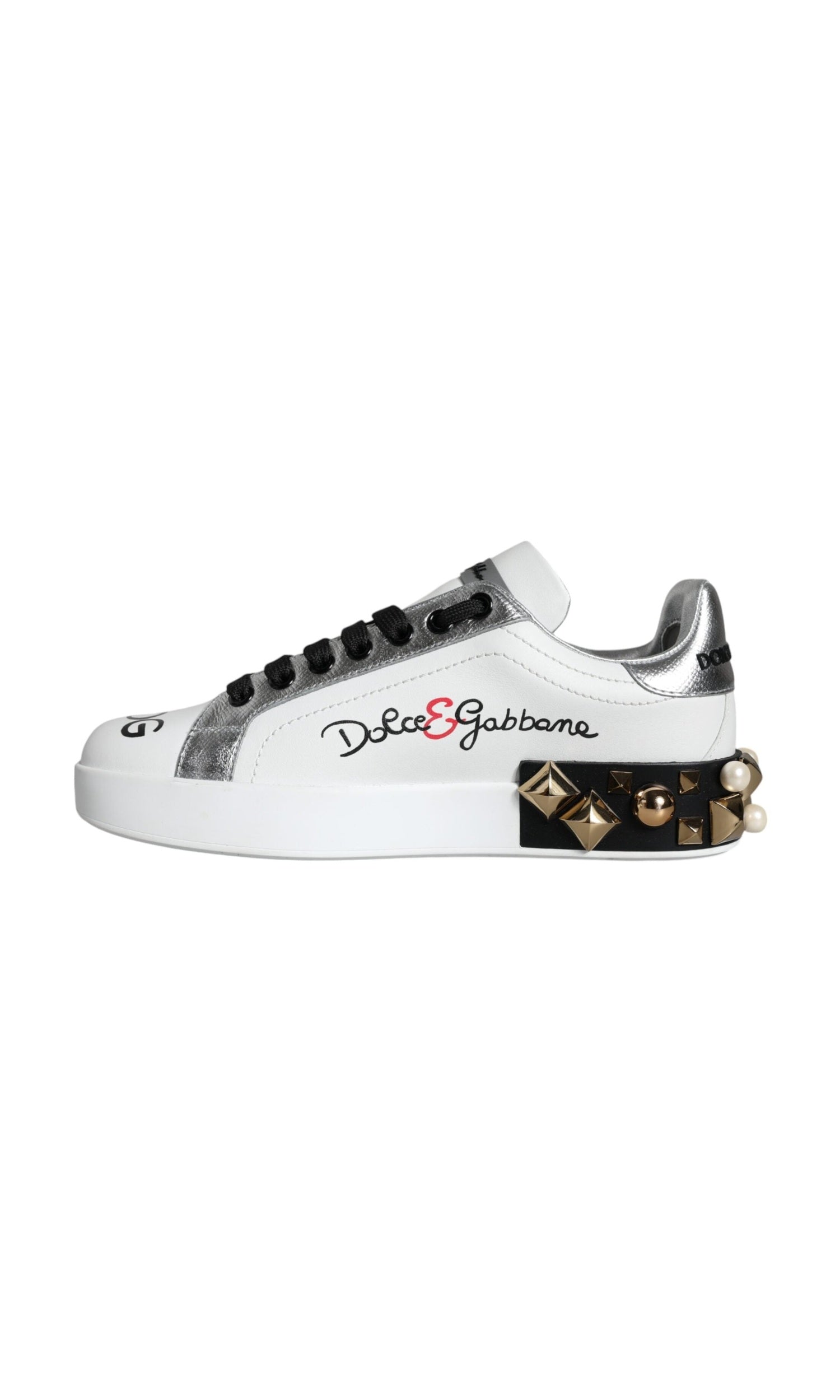 Dolce & Gabbana White Leather Floral Studded Sneakers Shoes Glam Steals