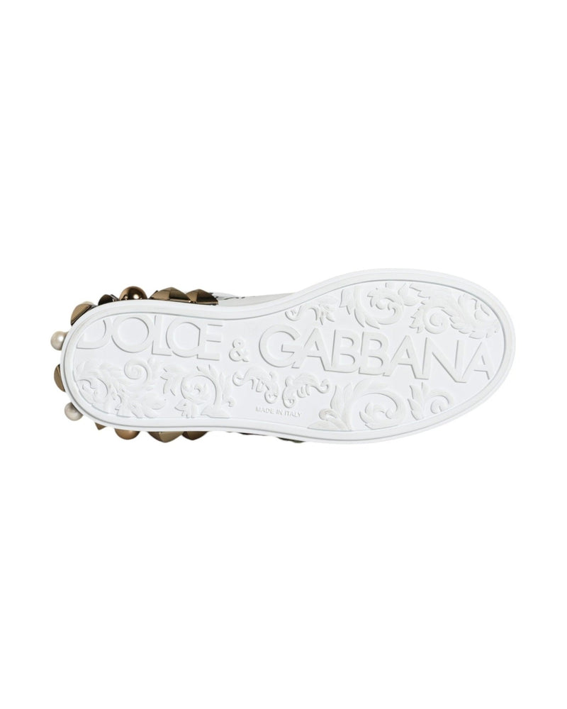 Dolce & Gabbana White Leather Floral Studded Sneakers Shoes Glam Steals