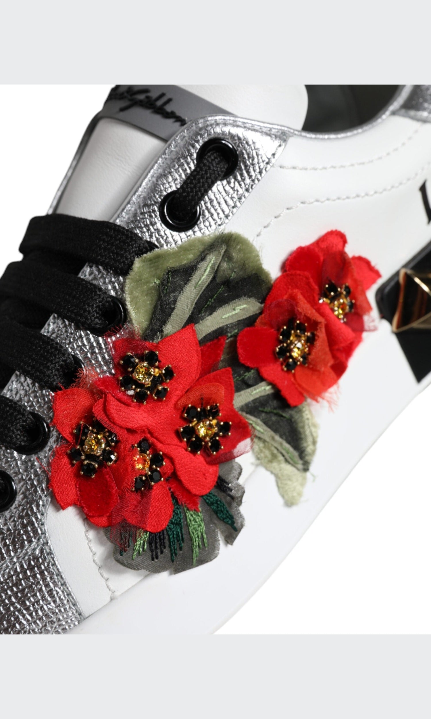 Dolce & Gabbana White Leather Floral Studded Sneakers Shoes Glam Steals