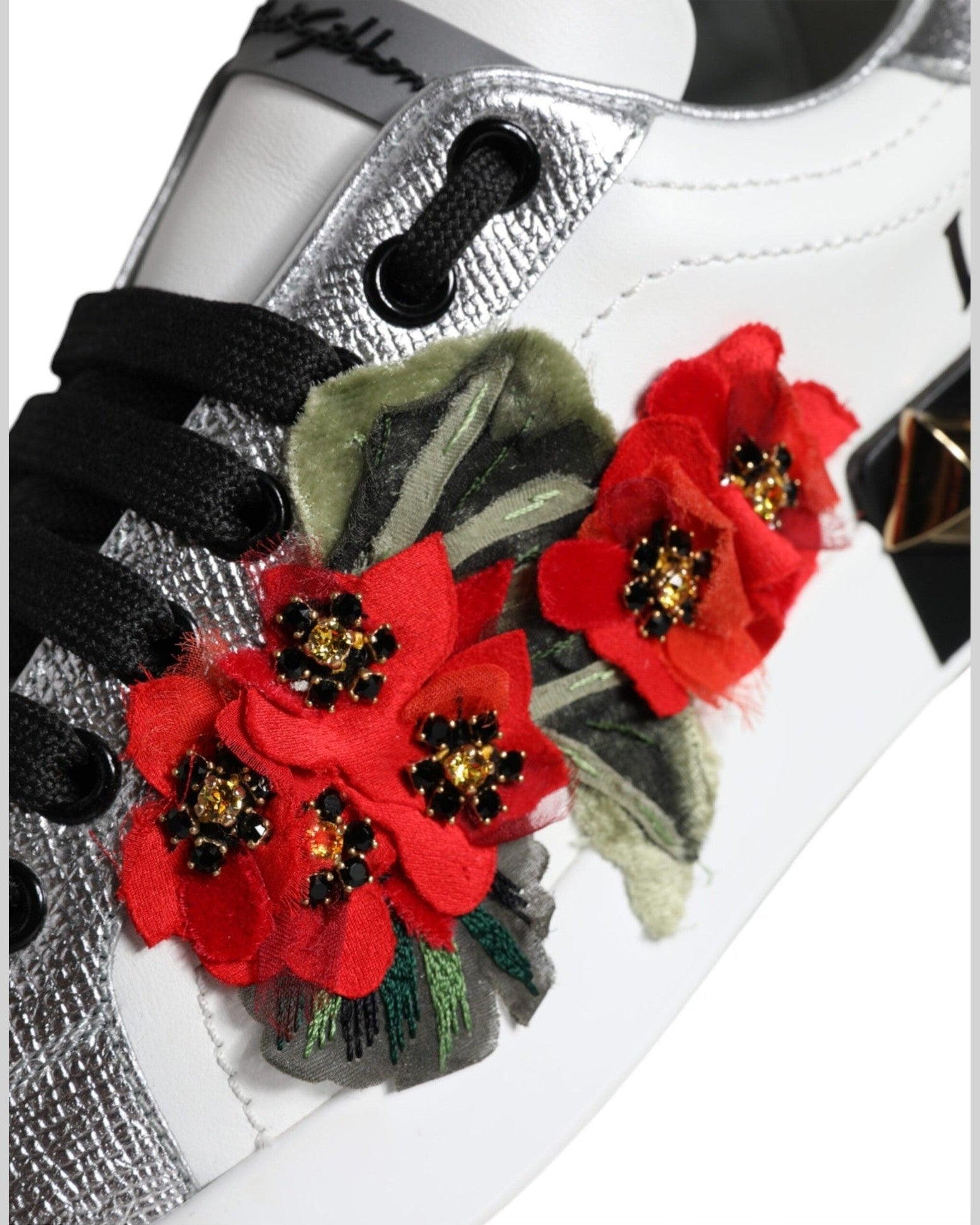 Dolce & Gabbana White Leather Floral Studded Sneakers Shoes Glam Steals