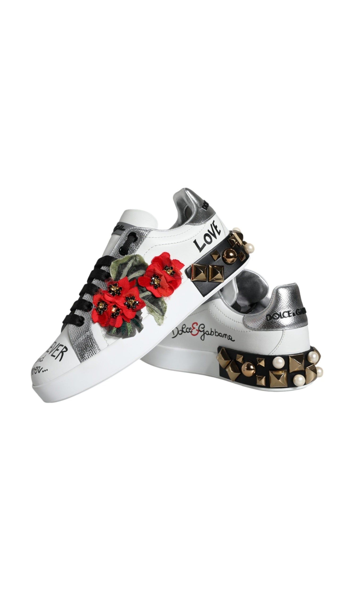 Dolce & Gabbana White Leather Floral Studded Sneakers Shoes Glam Steals