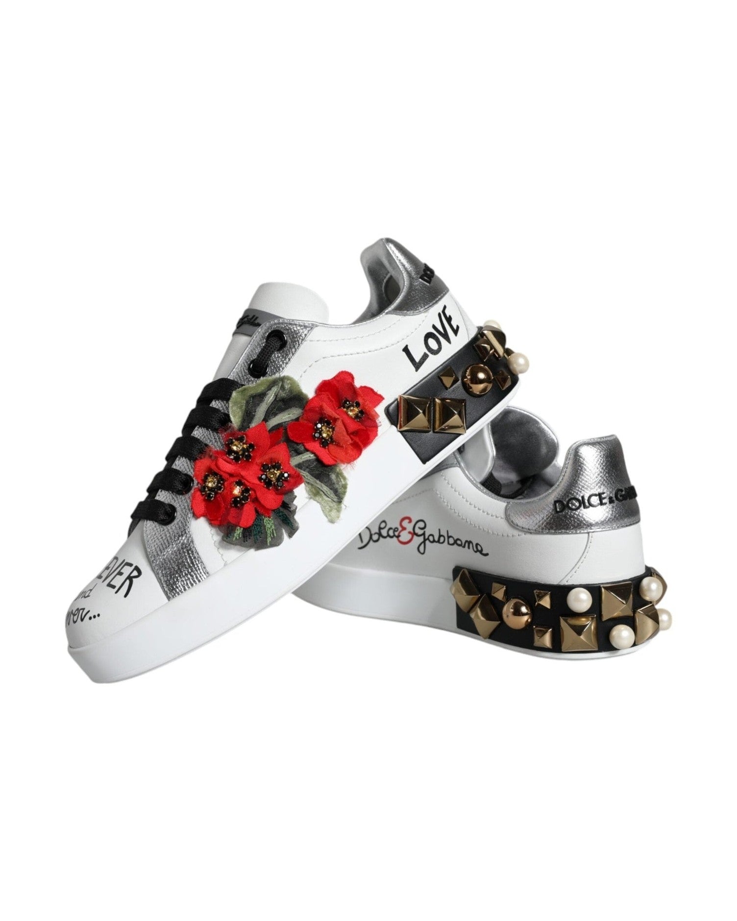 Dolce & Gabbana White Leather Floral Studded Sneakers Shoes Glam Steals