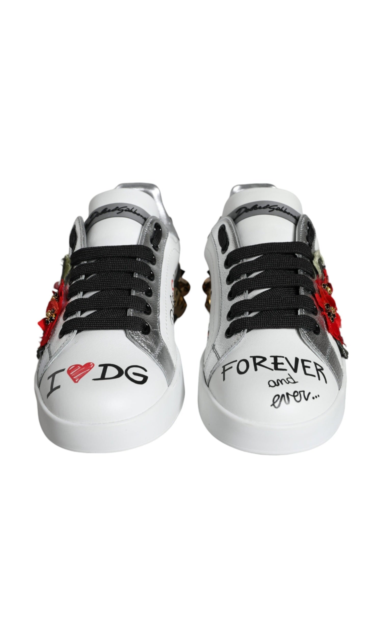 Dolce & Gabbana White Leather Floral Studded Sneakers Shoes Glam Steals