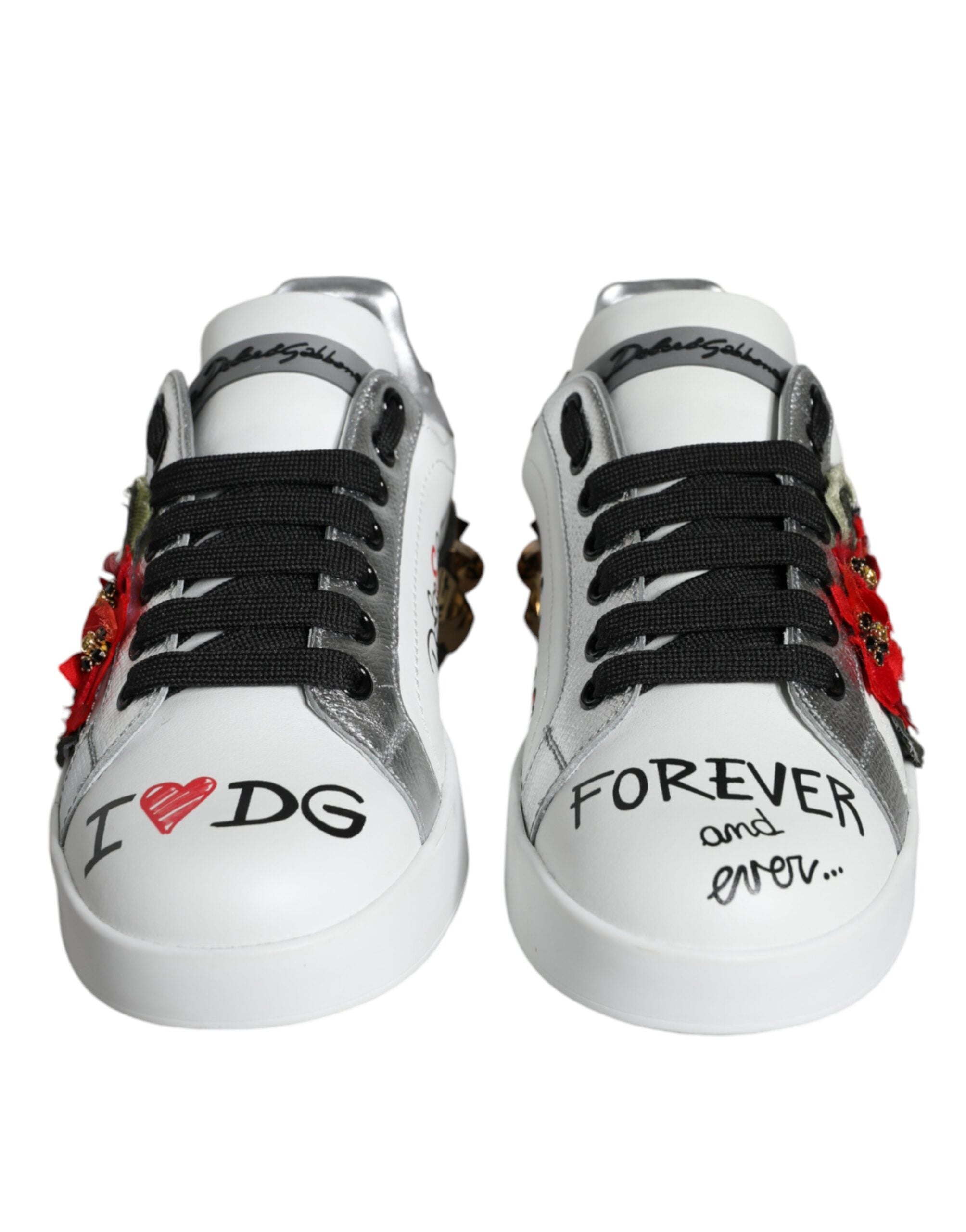 Dolce & Gabbana White Leather Floral Studded Sneakers Shoes Glam Steals