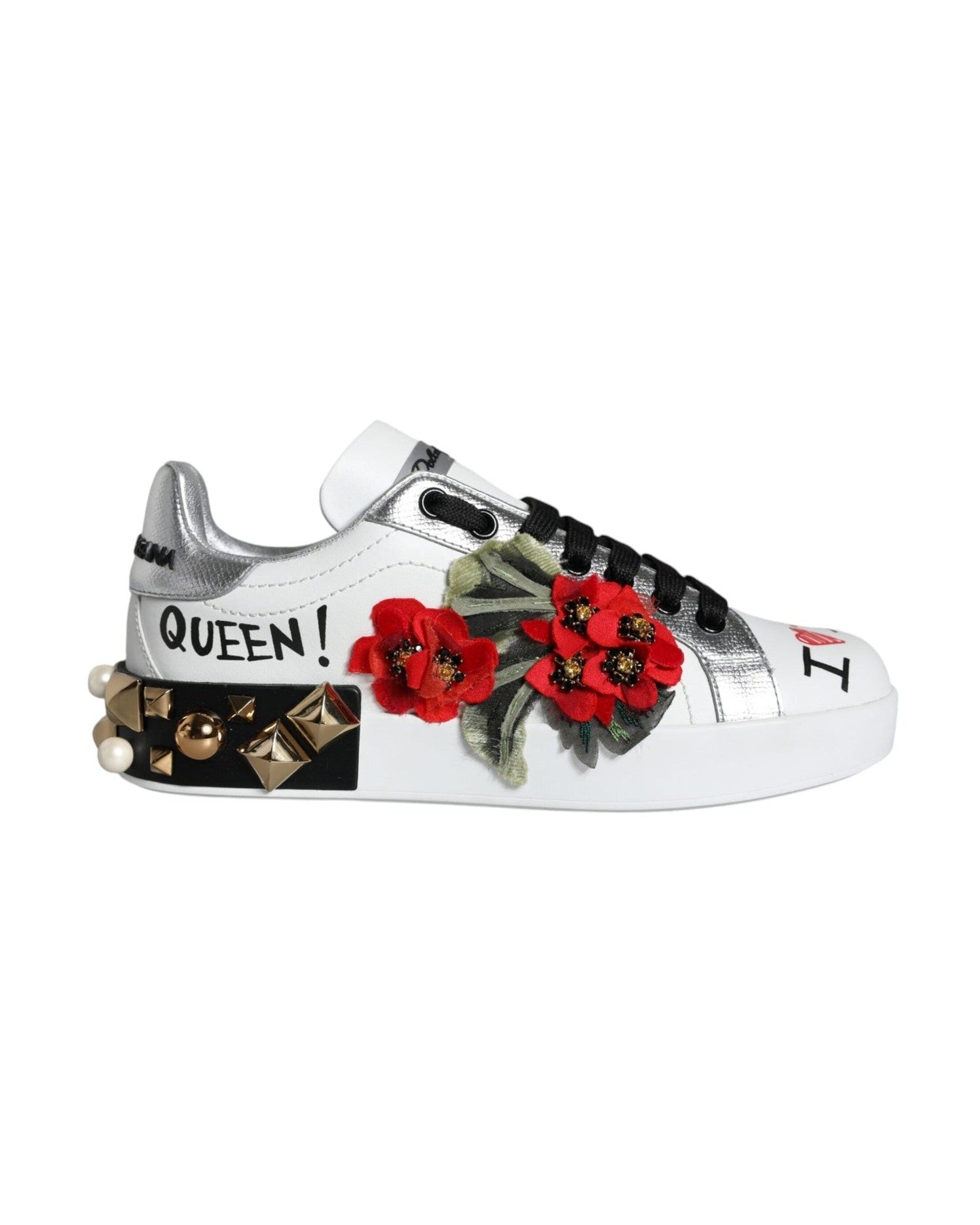 Dolce & Gabbana White Leather Floral Studded Sneakers Shoes Glam Steals